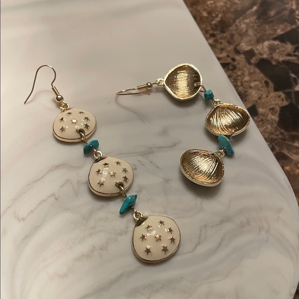 Elegant Gold and White Star Shell And Turquoise Stone Dangle Earrings - Picture 8 of 11